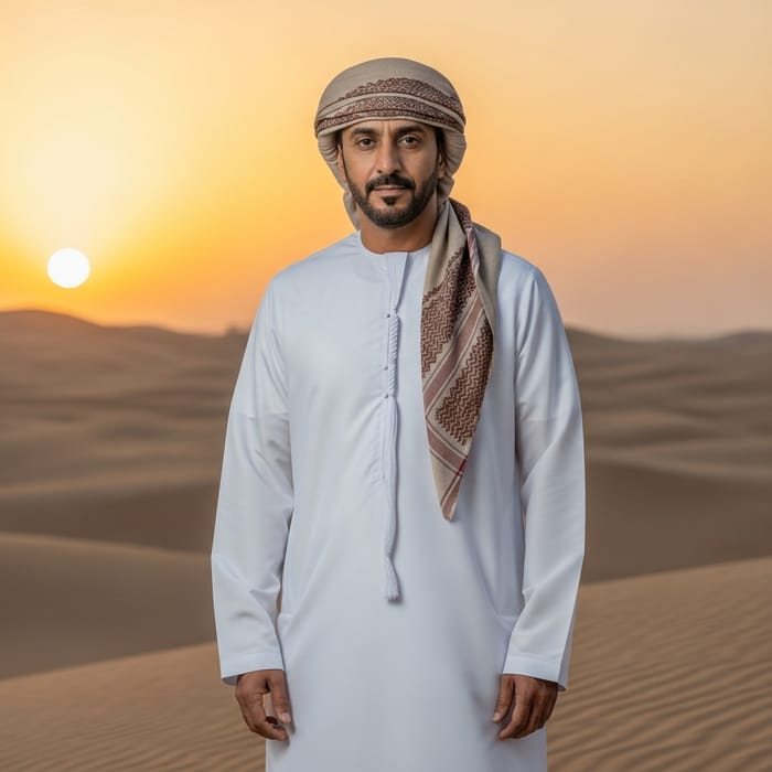Arabian Man Against Sunset in Traditional Attire Arabian Man Against Sunset in Traditional Attire