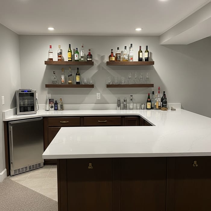 Stylish Basement Bar with L-Shaped Quartz Island Stylish Basement Bar with L-Shaped Quartz Island
