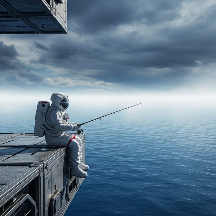 Astronaut Fishing on Spaceship Over Water Astronaut Fishing on Spaceship Over Water