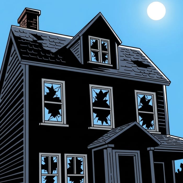Comic Style House with Broken Windows - Dark Colors