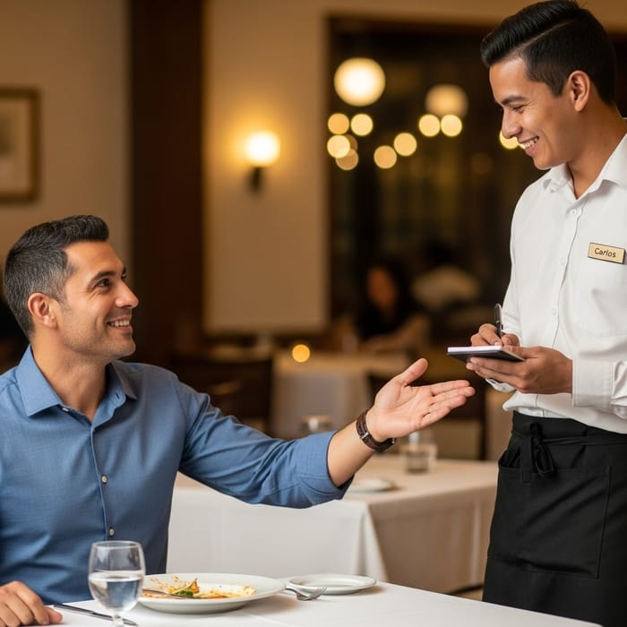 Juan Thanks Hispanic Waiter for Quick and Friendly Service Juan Thanks Hispanic Waiter for Quick and Friendly Service