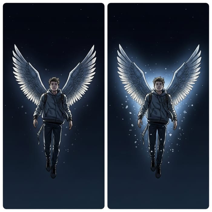 Teenage Boy with Imaginary Wings in Night Depths | 2D Art: Creative Concept vs Original