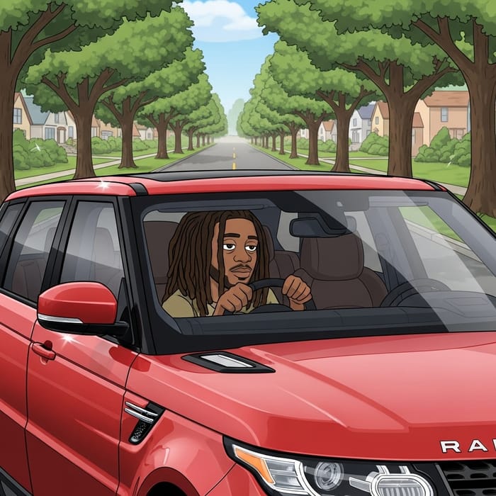 Cartoon Guy with Dreadlocks in Red Range Rover Sport