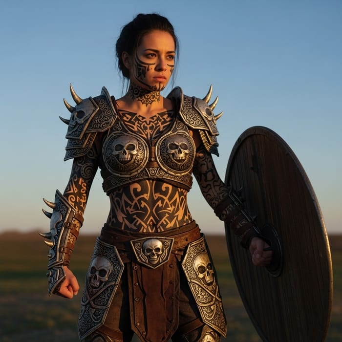 Warrior Girl in Armor with Skull Tattoos