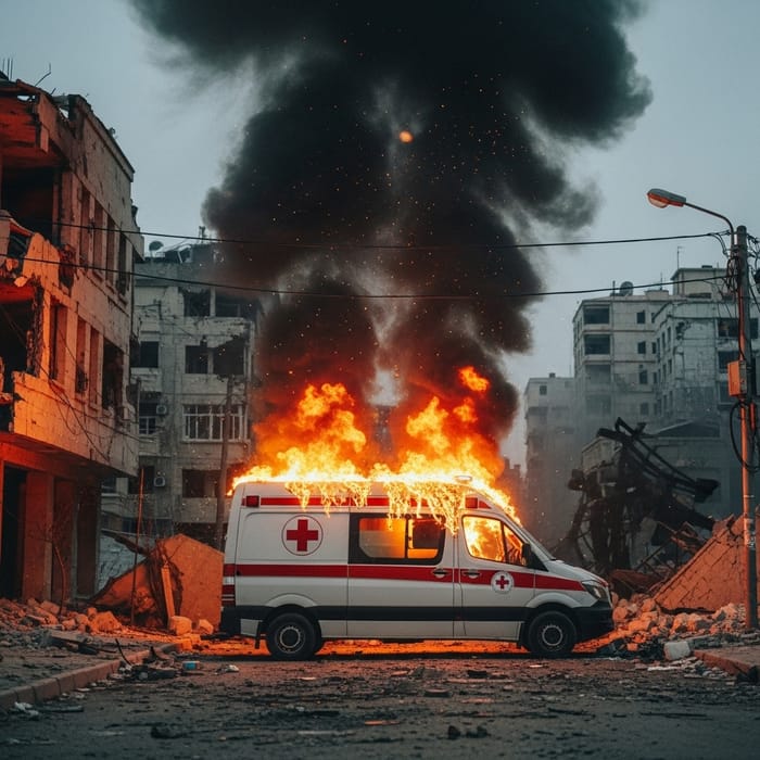 Urban Catastrophe: Burning Ambulance in Flames Urban Catastrophe: Burning Ambulance in Flames