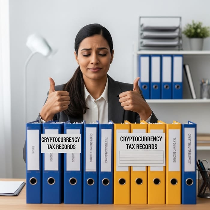 Relieved Woman with Cryptocurrency Tax Records | Organized Folders