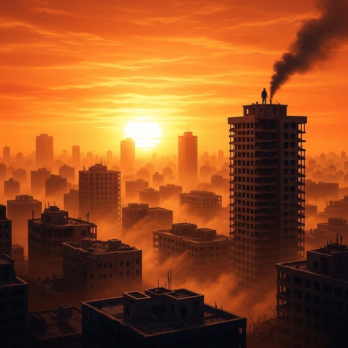 Resilient Human Figure in Dusk Cityscape Painting