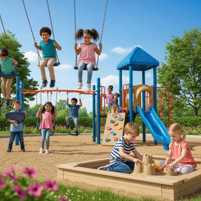 Fun and Diverse Kids at Colorful Playground Fun and Diverse Kids at Colorful Playground