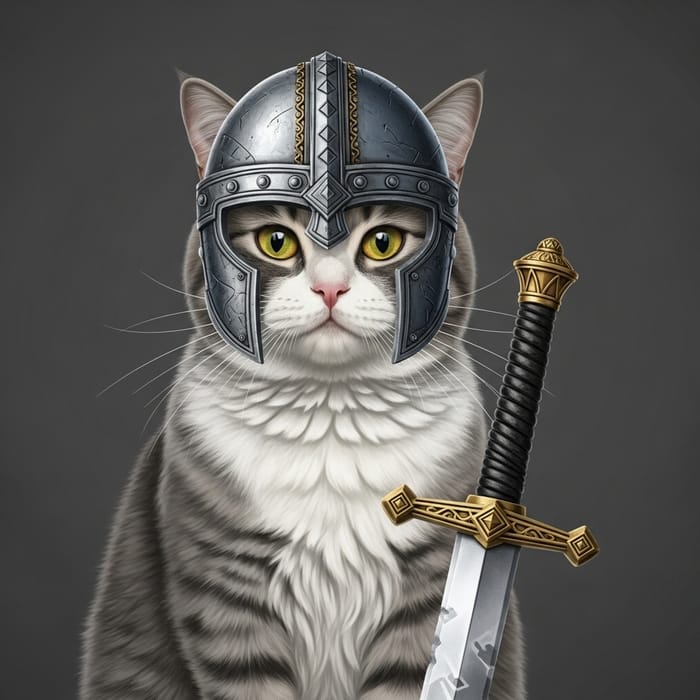 Cat in Helmet and Sword: Grey & White Color Scheme Cat in Helmet and Sword: Grey & White Color Scheme