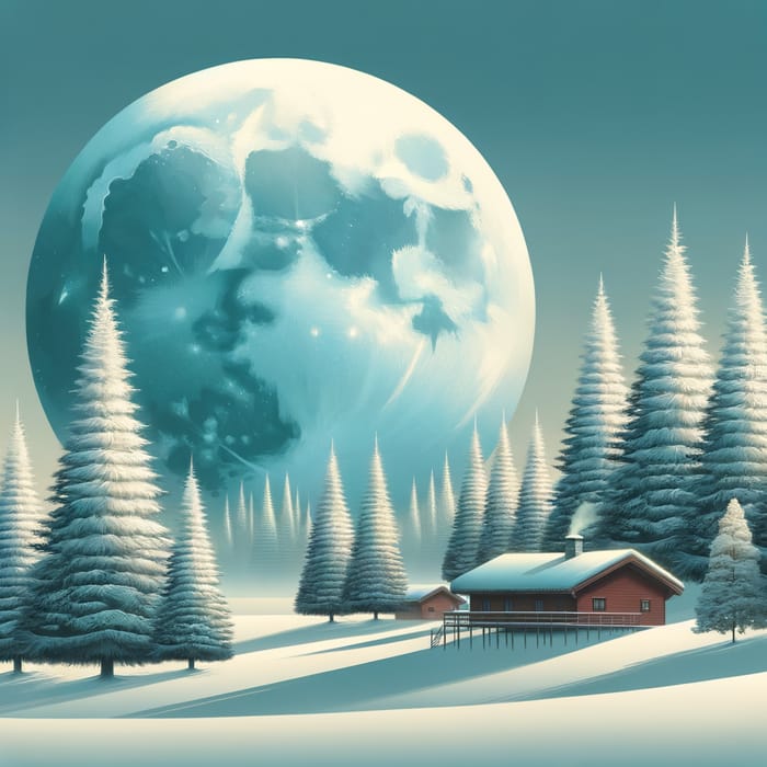 Tranquil Winter Landscape under Soft-Focus Moon and Snow-Capped Pines