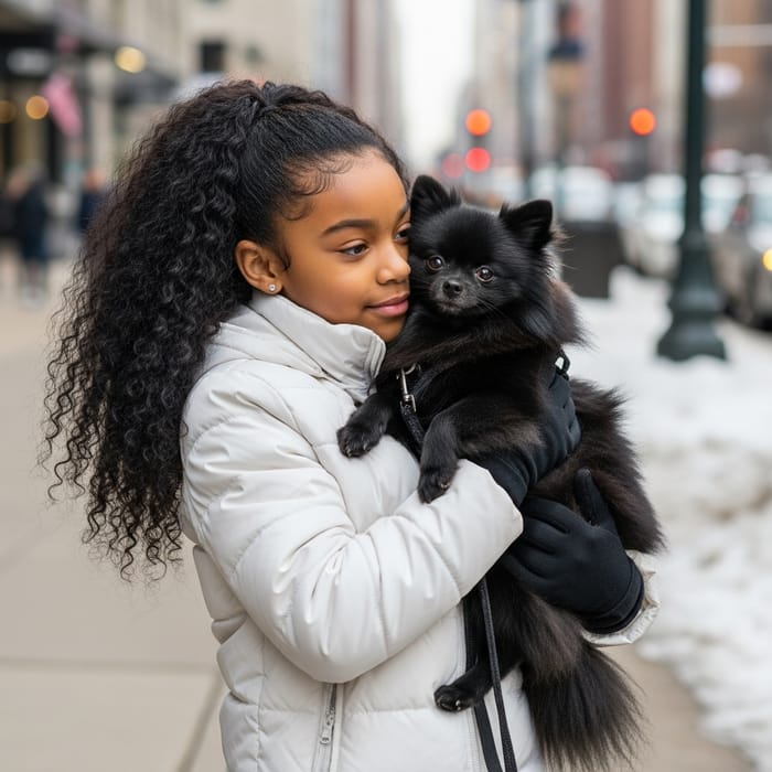 Cute African American Girl with Pomeranian in Winter Chicago Streets Cute African American Girl with Pomeranian in Winter Chicago Streets
