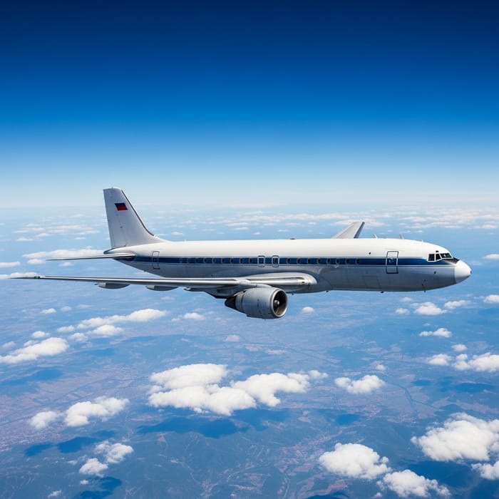 Vintage Passenger Airplane Soaring in Blue Sky Vintage Passenger Airplane Soaring in Blue Sky