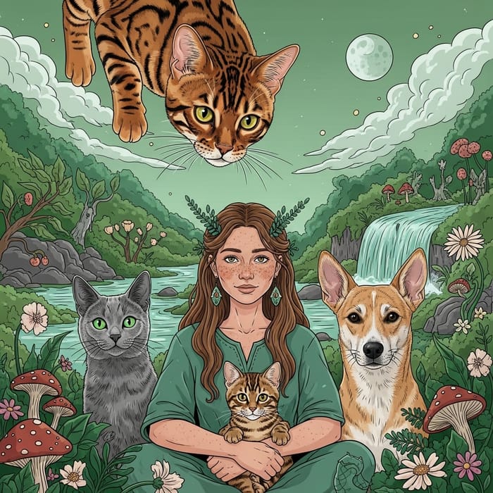 Enchanting Bengal Cat Shamanic Scene with Healing Elements