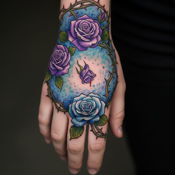Impressionist Tattoo of Healing Roses on Hand Impressionist Tattoo of Healing Roses on Hand