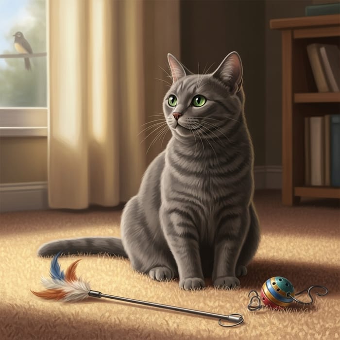 Cozy Grey Domestic Cat on Fuzzy Carpet | Cute Cat Illustration