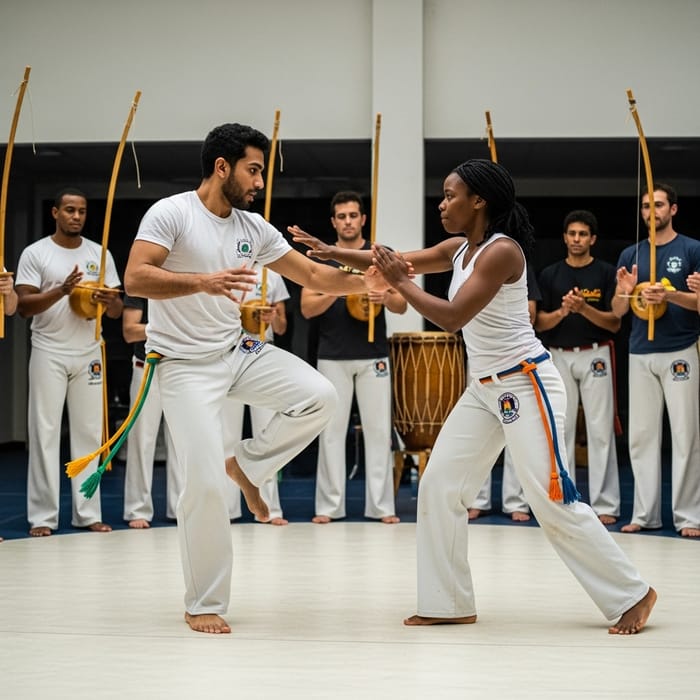 Capoeira Duo: Dynamic Performance by Asian Man and African American Woman