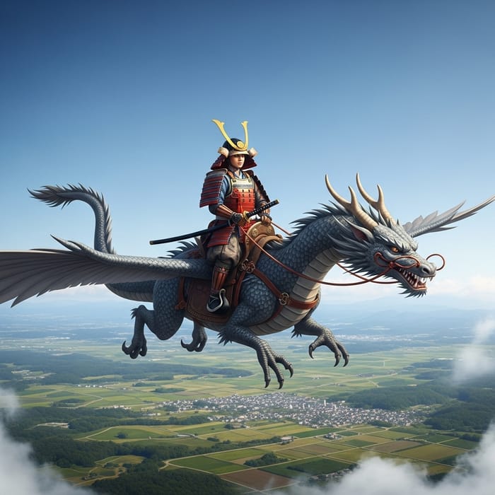 Female Samurai Riding Dragon | Mystical Elegance & Power