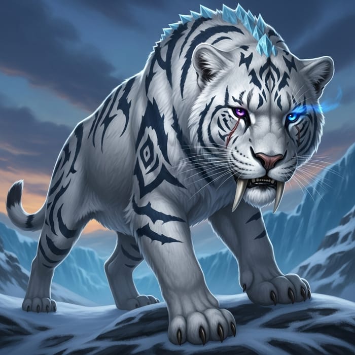 Majestic Smilodon: White Fur with Dark Blue Highlights Majestic Smilodon: White Fur with Dark Blue Highlights