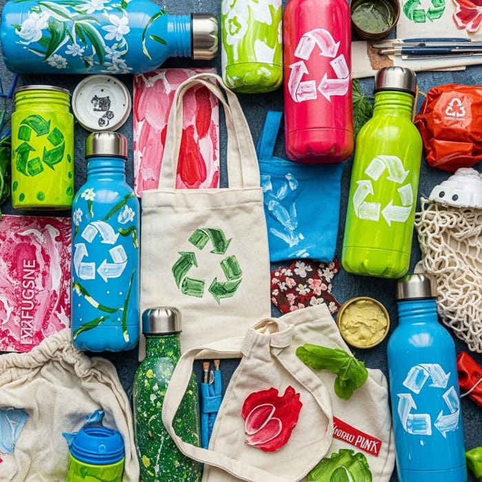 Vibrant Eco-Friendly Artwork with Stainless Steel Bottles & Cloth Bags Vibrant Eco-Friendly Artwork with Stainless Steel Bottles & Cloth Bags