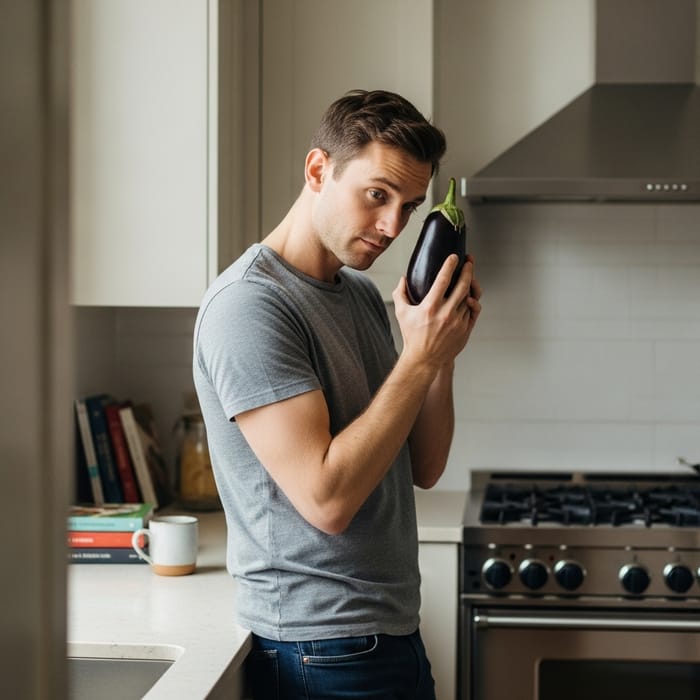 Beta Male with Eggplant in Kitchen | Home Cooking Scene Beta Male with Eggplant in Kitchen | Home Cooking Scene