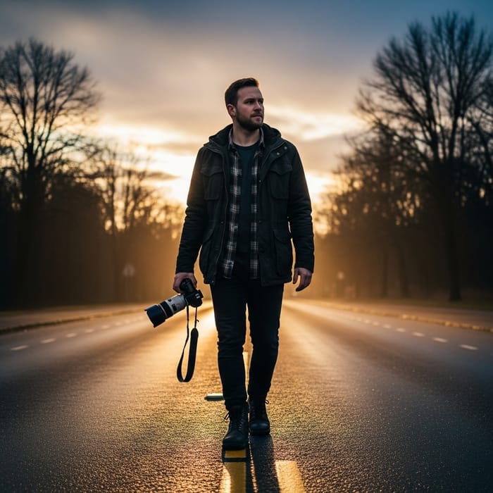 Photographer Walking Through Street with Camera, Trees Silhouette
