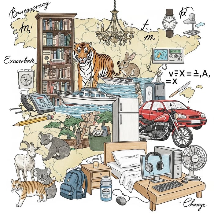 Diverse Collage: Miscellaneous, Library, Tiger, Boat & More