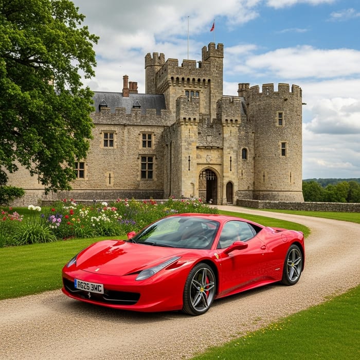 Ferrari Car Outside Medieval Castle - Timeless Contrast