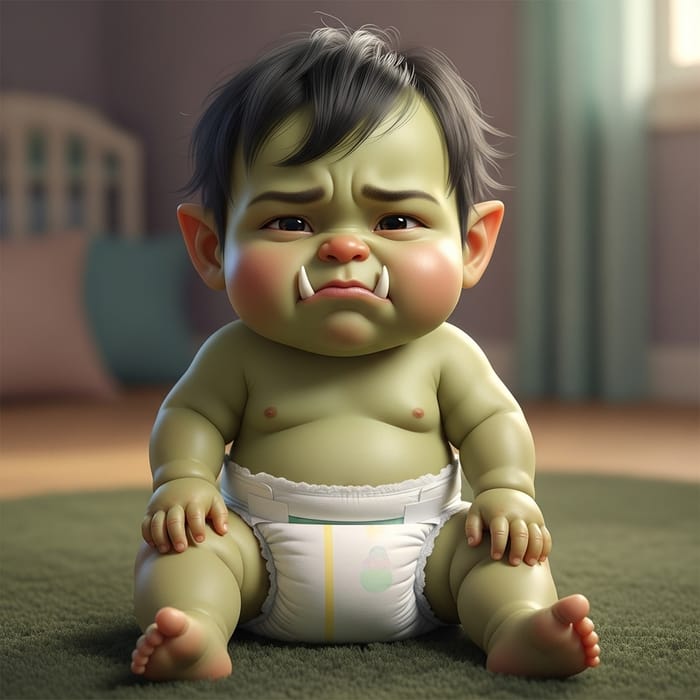 Adorable Green Baby Orc in Diaper - Cute Character Art