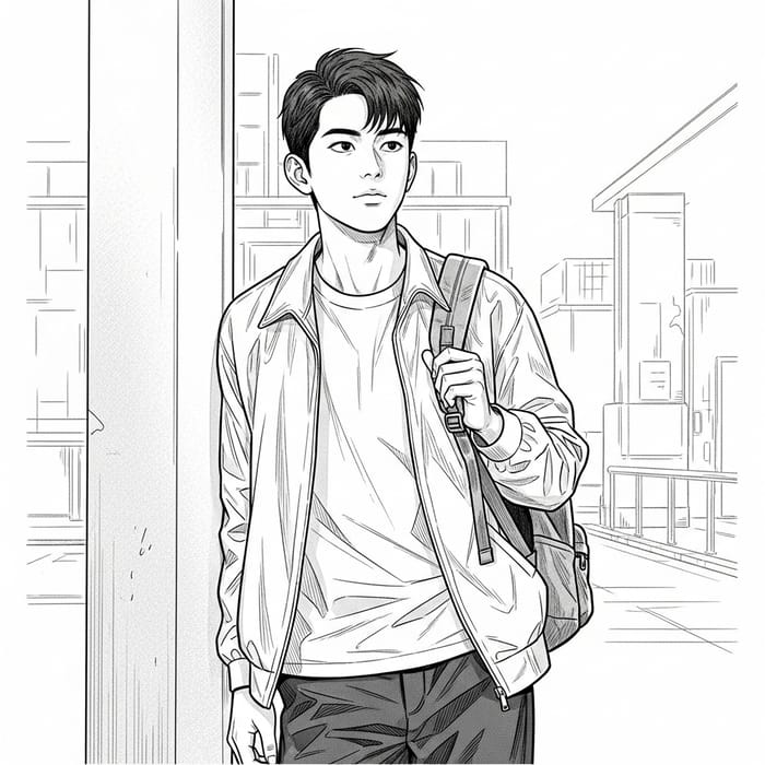 Realistic Black and White Line Art of Male Student Realistic Black and White Line Art of Male Student