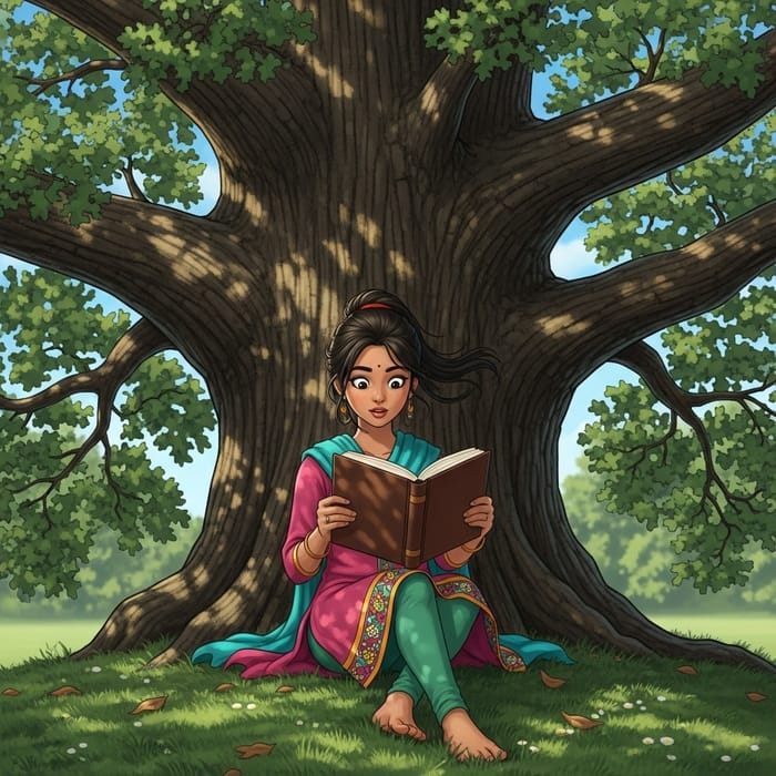 Beautiful South Asian Girl Reading Under Oak Tree