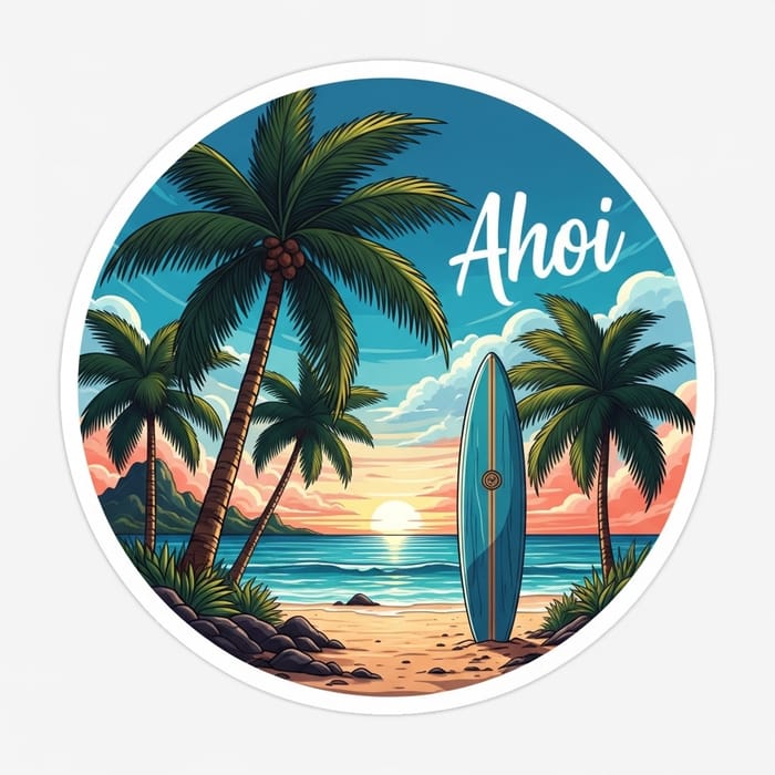 Circular Beach Scene Sticker | Palm Trees & Surfboard Circular Beach Scene Sticker | Palm Trees & Surfboard