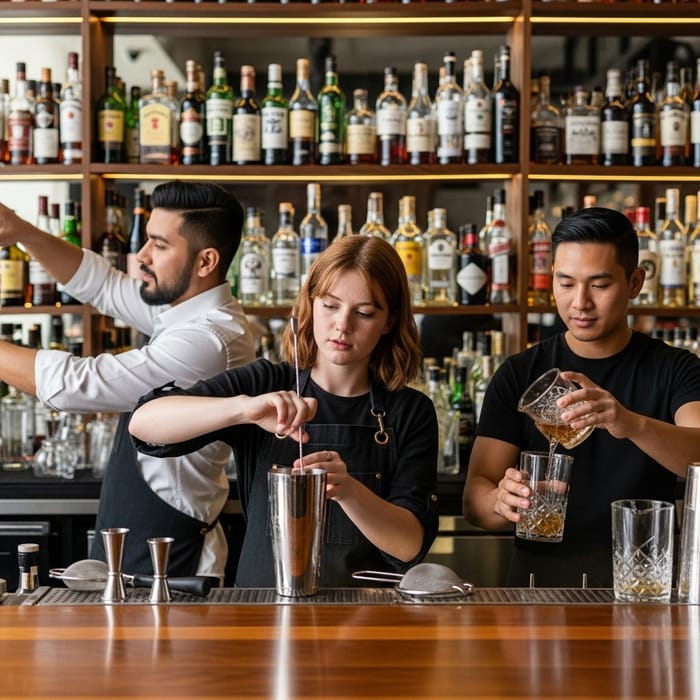 Cocktail Mixing - Red Haired Girl & Two Bartenders Cocktail Mixing - Red Haired Girl & Two Bartenders