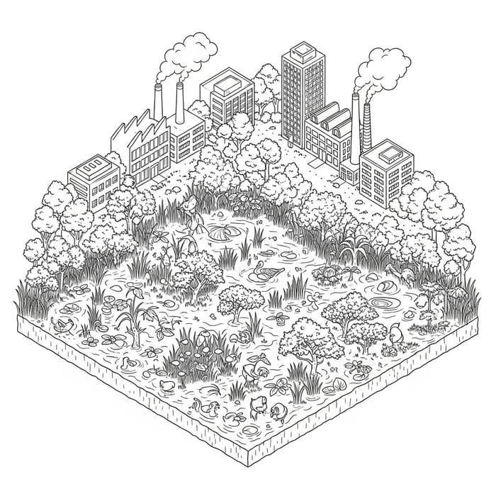 Isometric Wetland Illustration: Urban Wildlife Isometric Wetland Illustration: Urban Wildlife