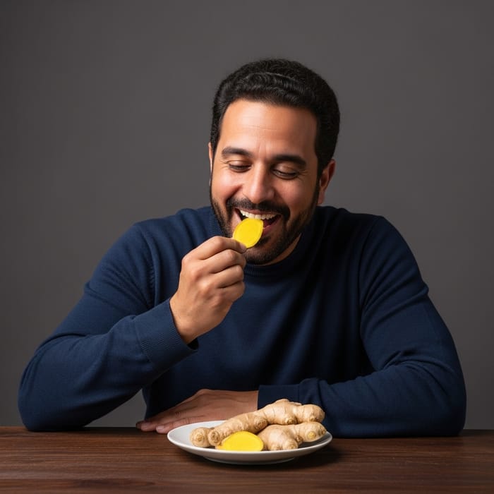 Middle Eastern Man Enjoying Bright Yellow Ginger - Delightful Image Middle Eastern Man Enjoying Bright Yellow Ginger - Delightful Image