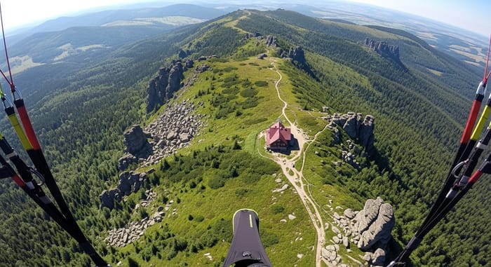 Aerial View of Mountain Shelter on Szrenica in Karkonosze | Paragliding Perspective Aerial View of Mountain Shelter on Szrenica in Karkonosze | Paragliding Perspective