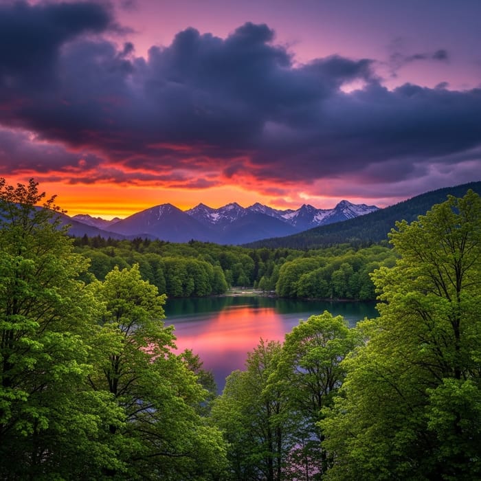 Tranquil Dusk Scene with Spectacular Sunset over Lake and Mountains Tranquil Dusk Scene with Spectacular Sunset over Lake and Mountains