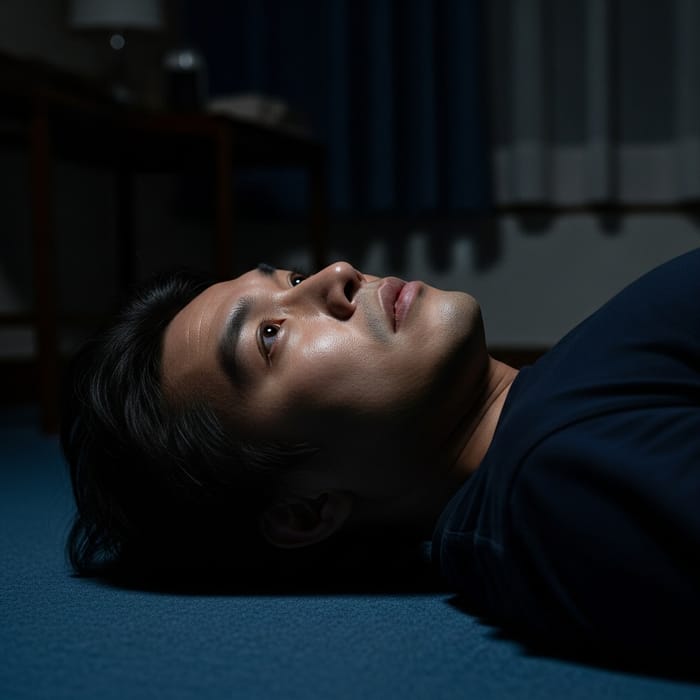 Asian Man Lying On Room Floor At Night With Wide Open Eyes Asian Man Lying On Room Floor At Night With Wide Open Eyes