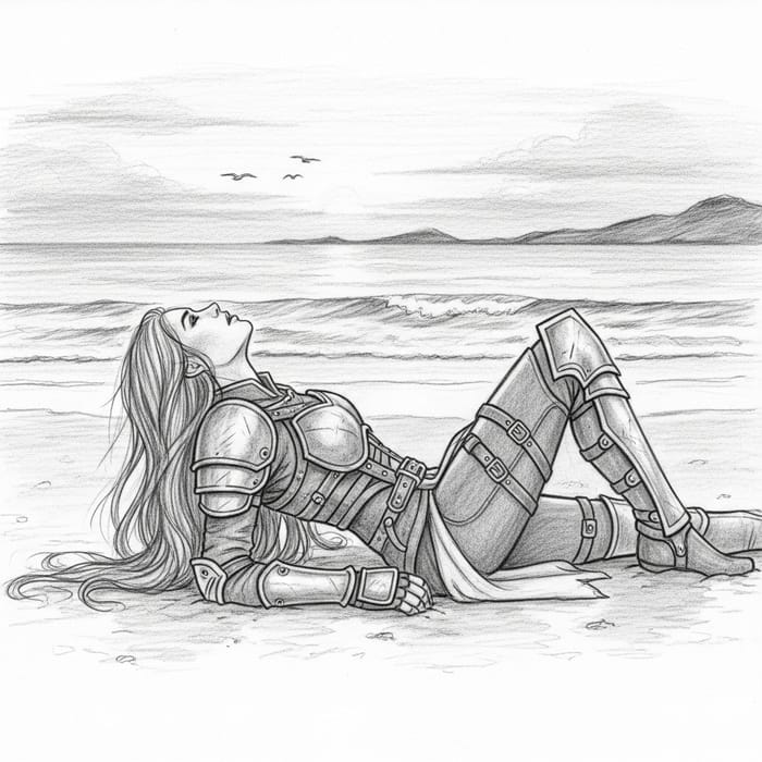 Naked Female Warrior Sketch on Beach | Tranquil Scene