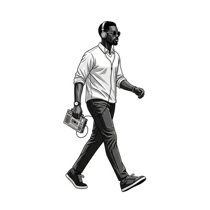 Monochrome Vintage T-Shirt Design: Black Man Walking with Cassette Player Monochrome Vintage T-Shirt Design: Black Man Walking with Cassette Player