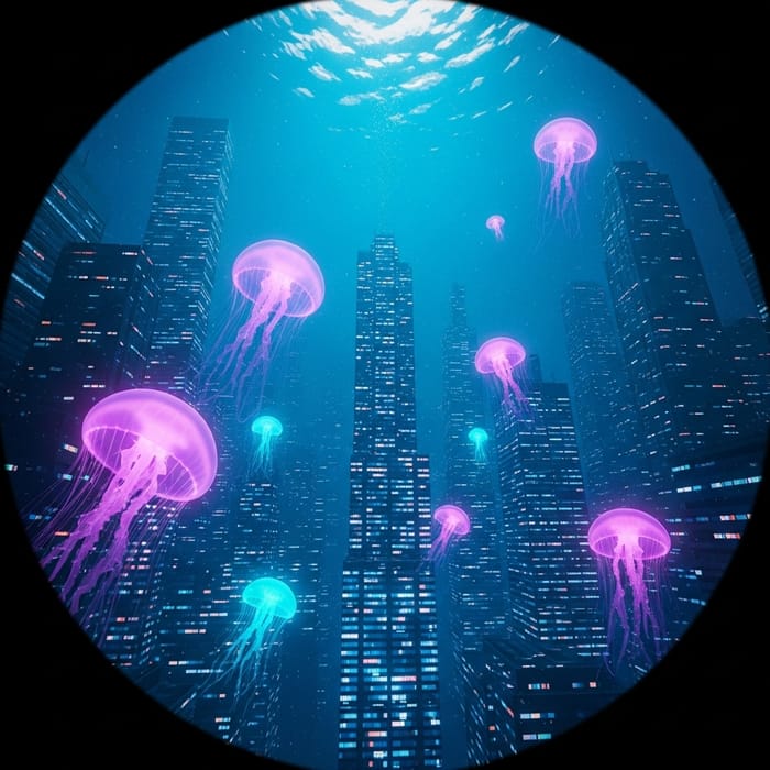 Surreal Underwater Cityscape: Glowing Jellyfish & Neon Colors Surreal Underwater Cityscape: Glowing Jellyfish & Neon Colors