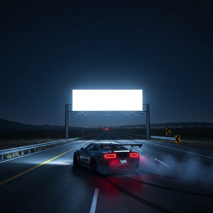 One-Way Highway Night Drift: Lone Sports Car And Empty Billboard