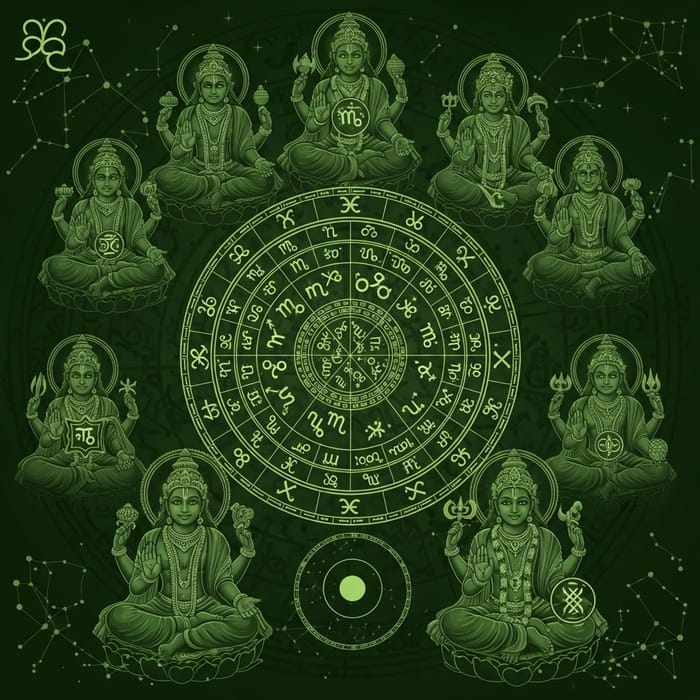 Ancient Hindu Astrology Image with Divine Deities in Bottle Green