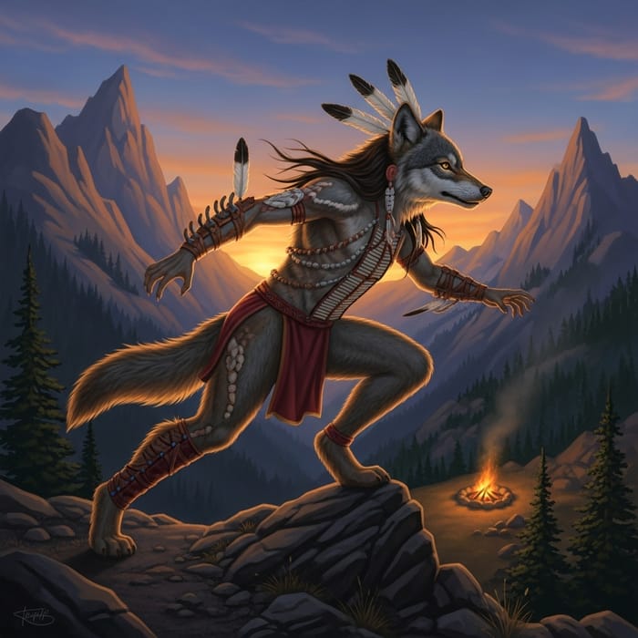 Realistic Transformation: Native American to Wolf in Mountain Scene