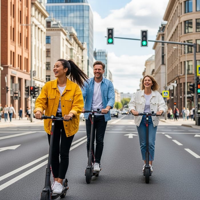 Joyful Slavic People Exploring City on Electric Scooters Joyful Slavic People Exploring City on Electric Scooters
