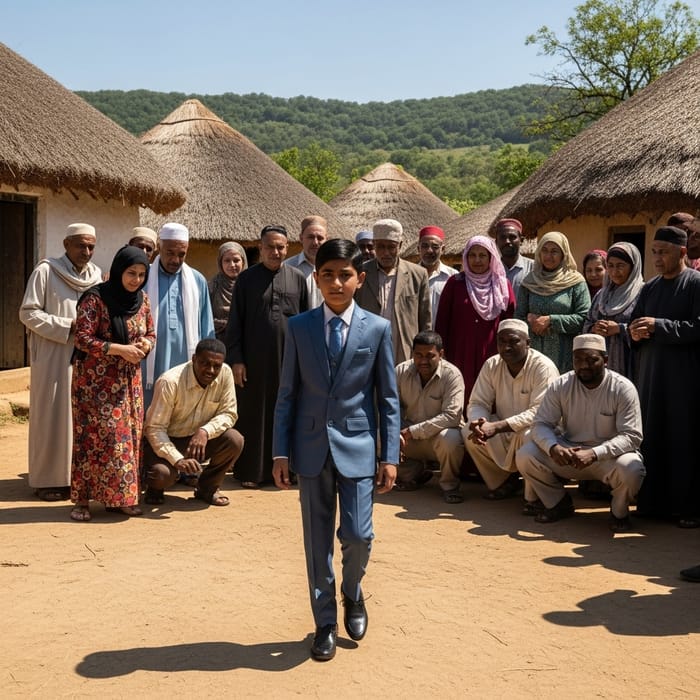Charming Boy in Traditional Attire Surrounded by Village Folks