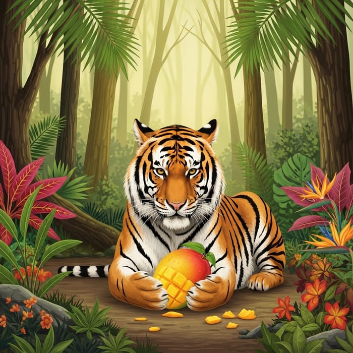 Vibrant Tiger Feasting on Mango in Lush Jungle Vibrant Tiger Feasting on Mango in Lush Jungle