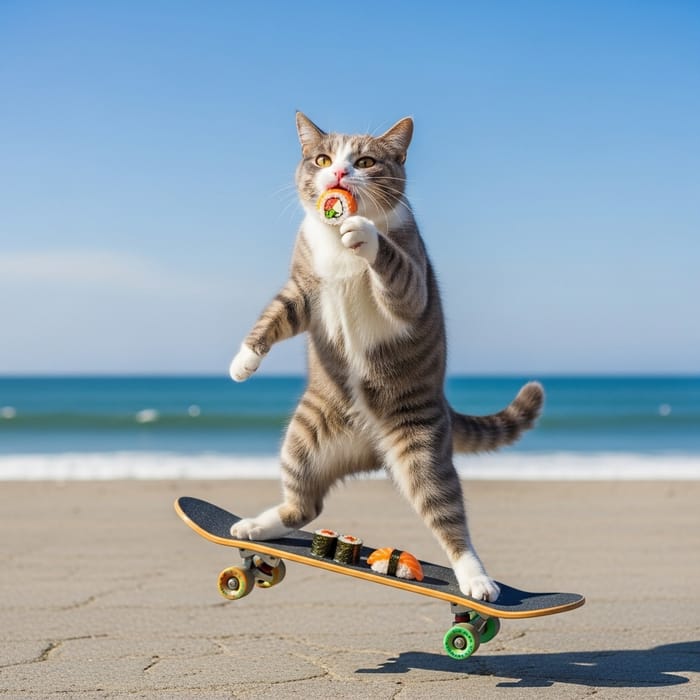 Gray and White Cat Skateboards, Eating Sushi Gray and White Cat Skateboards, Eating Sushi
