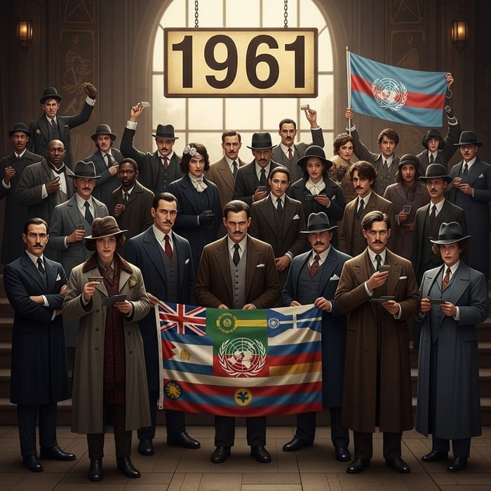 1920s Themed Scene of 81 People in Al Capone Attire Making Deals with UN Flags and 1961 Sign 1920s Themed Scene of 81 People in Al Capone Attire Making Deals with UN Flags and 1961 Sign