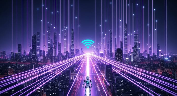 Futuristic Wifi Tech in Glowing City - High-Speed Data Connectivity Futuristic Wifi Tech in Glowing City - High-Speed Data Connectivity