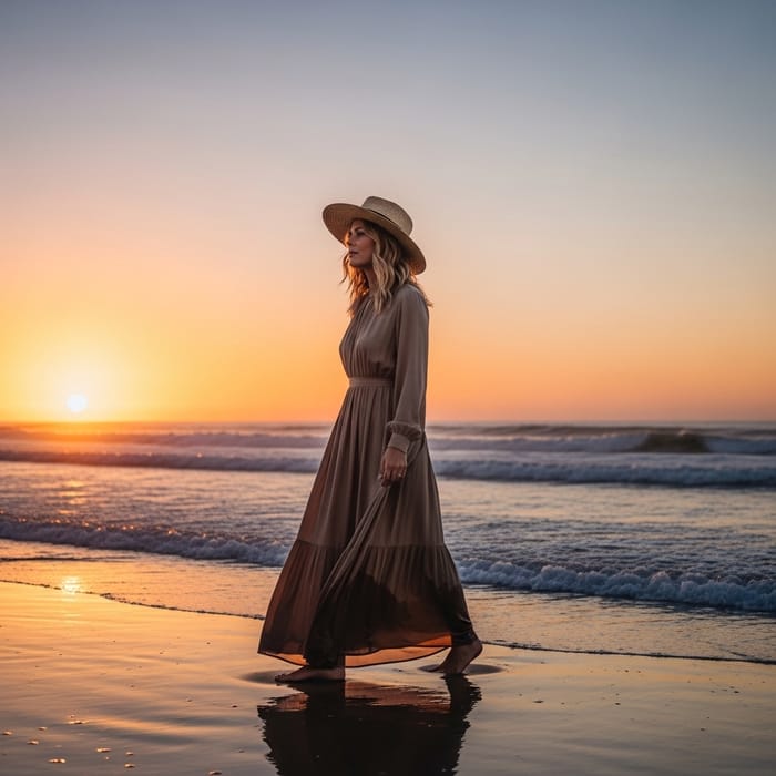 Provocative Blonde Woman on Beach at Sunset